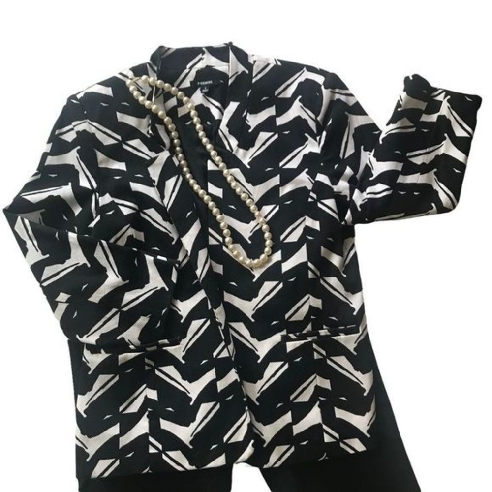 PREMISE Jacket 3/4 Length Sleeve Black & White Open Front Lined Size 8 - Picture 6 of 6